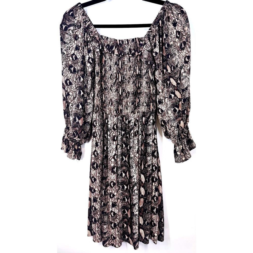 Whimsigoth Boho Prairie Fairy Romantic Festival Snake Print Smocked Dress Sz S